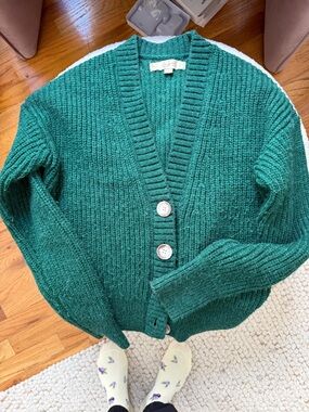 LOFT Green Chunky Knit Button Cardigan